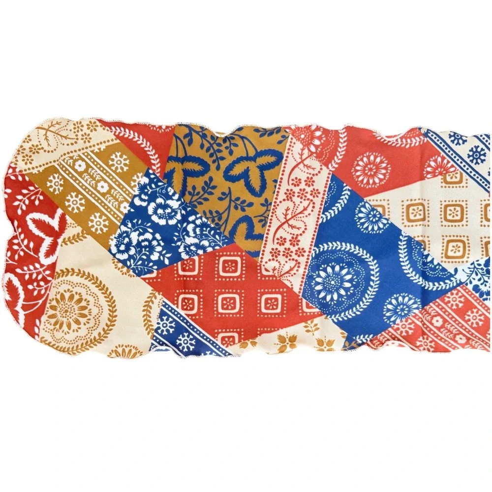 Vintage Patchwork Quilted Table Runner Table Scarf Red Blue Farmhouse 30x8